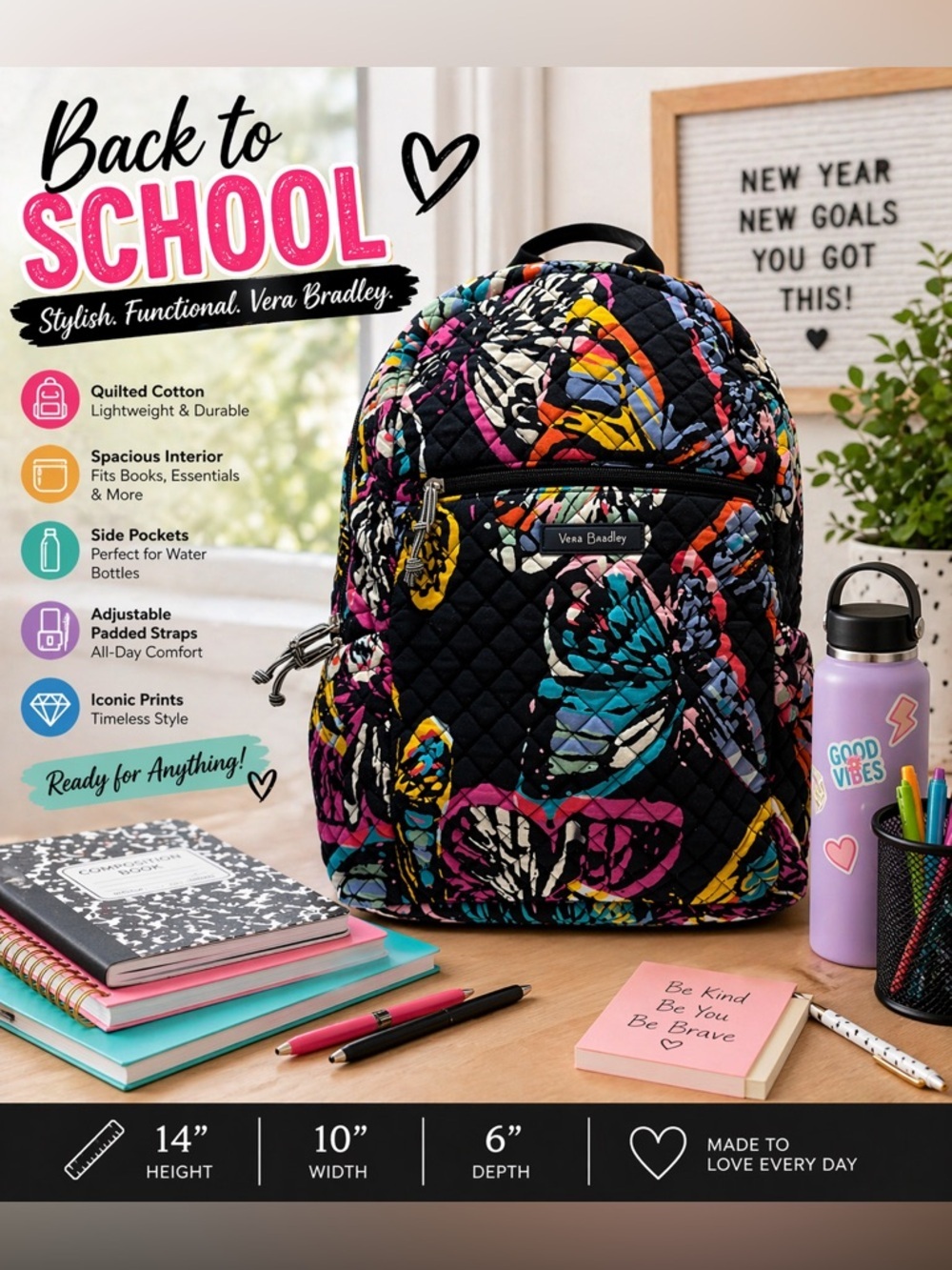 Vera Bradley Backpack Multicolor Butterfly Quilted Travel School Bag